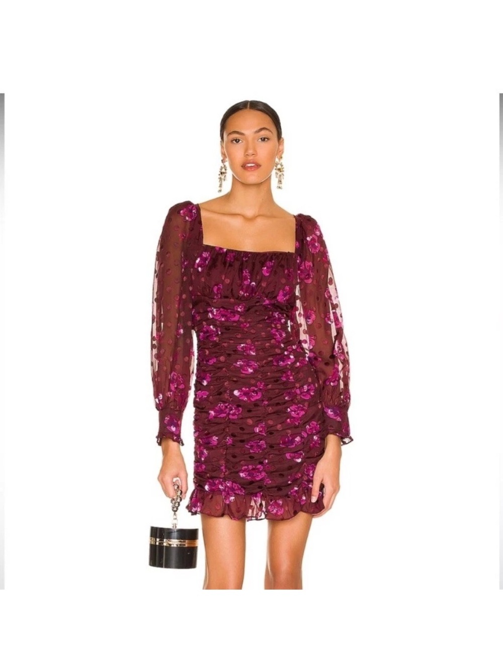 Astr Plum Floral Ruched Square Neck Mini Dress
